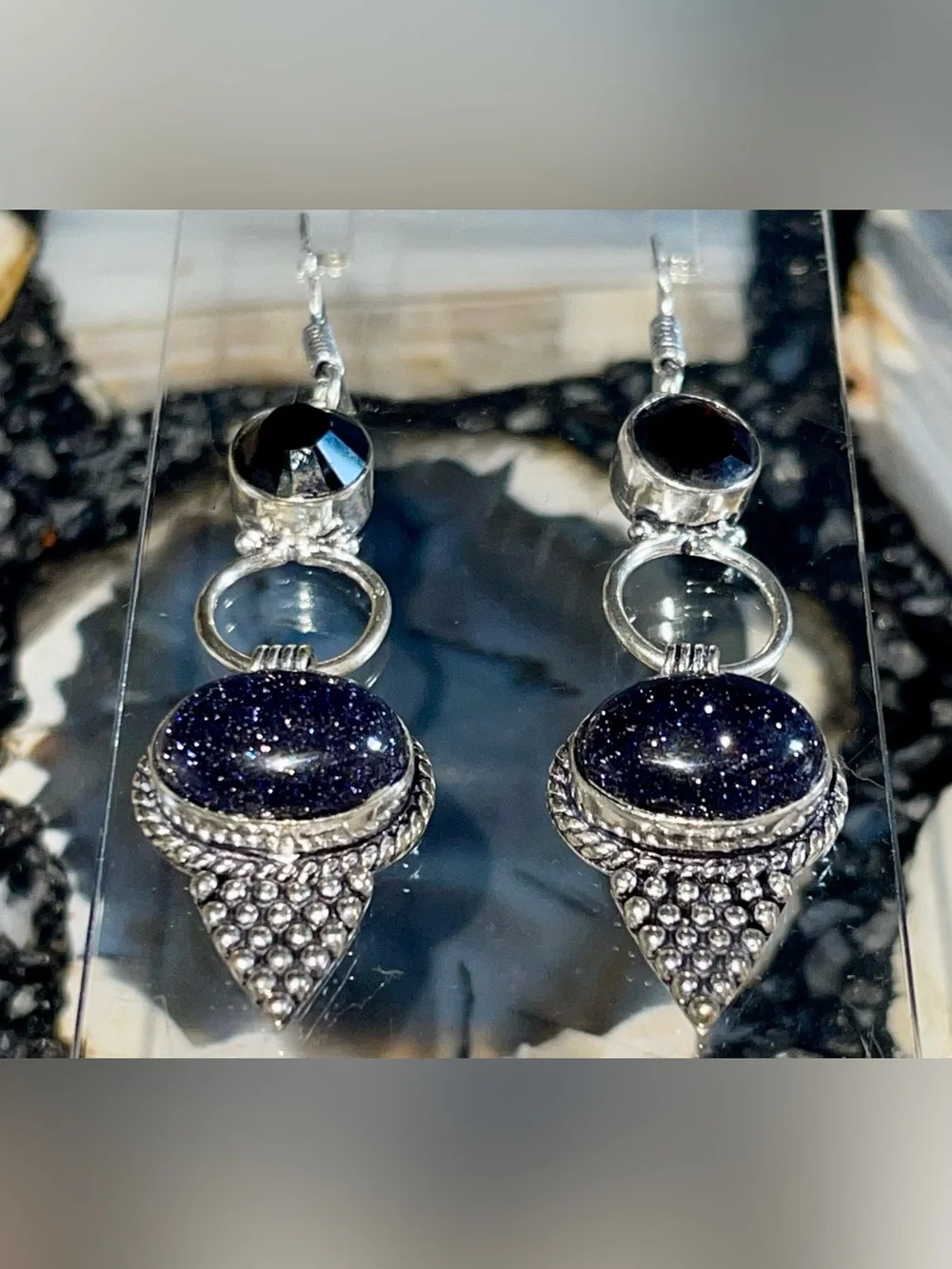Deep Sparkly Bluestone Sandstone Earrings 2 1/2”